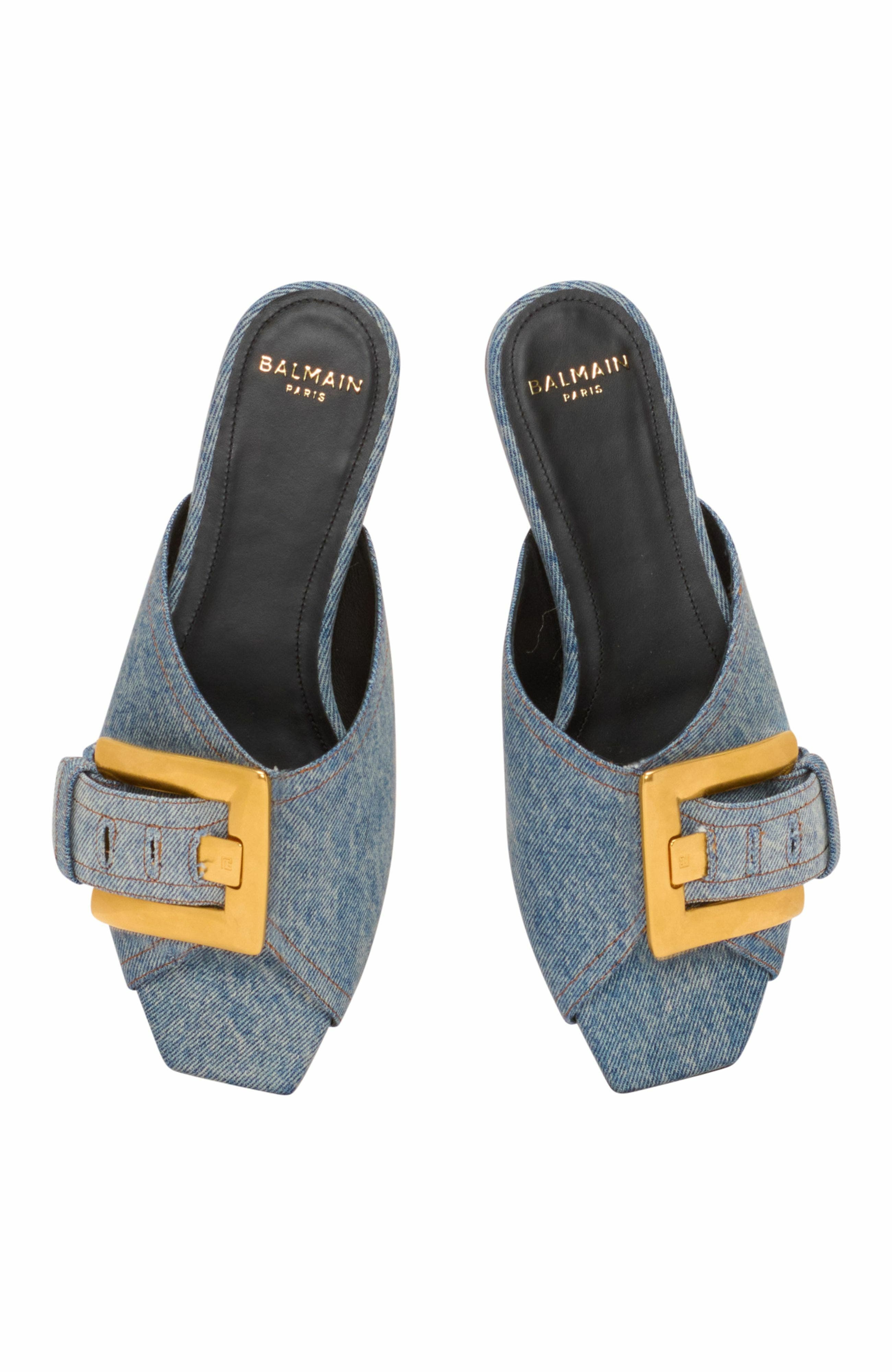 Balmain Anthem Flat Denim Sandals, Alternate, color, Blue
