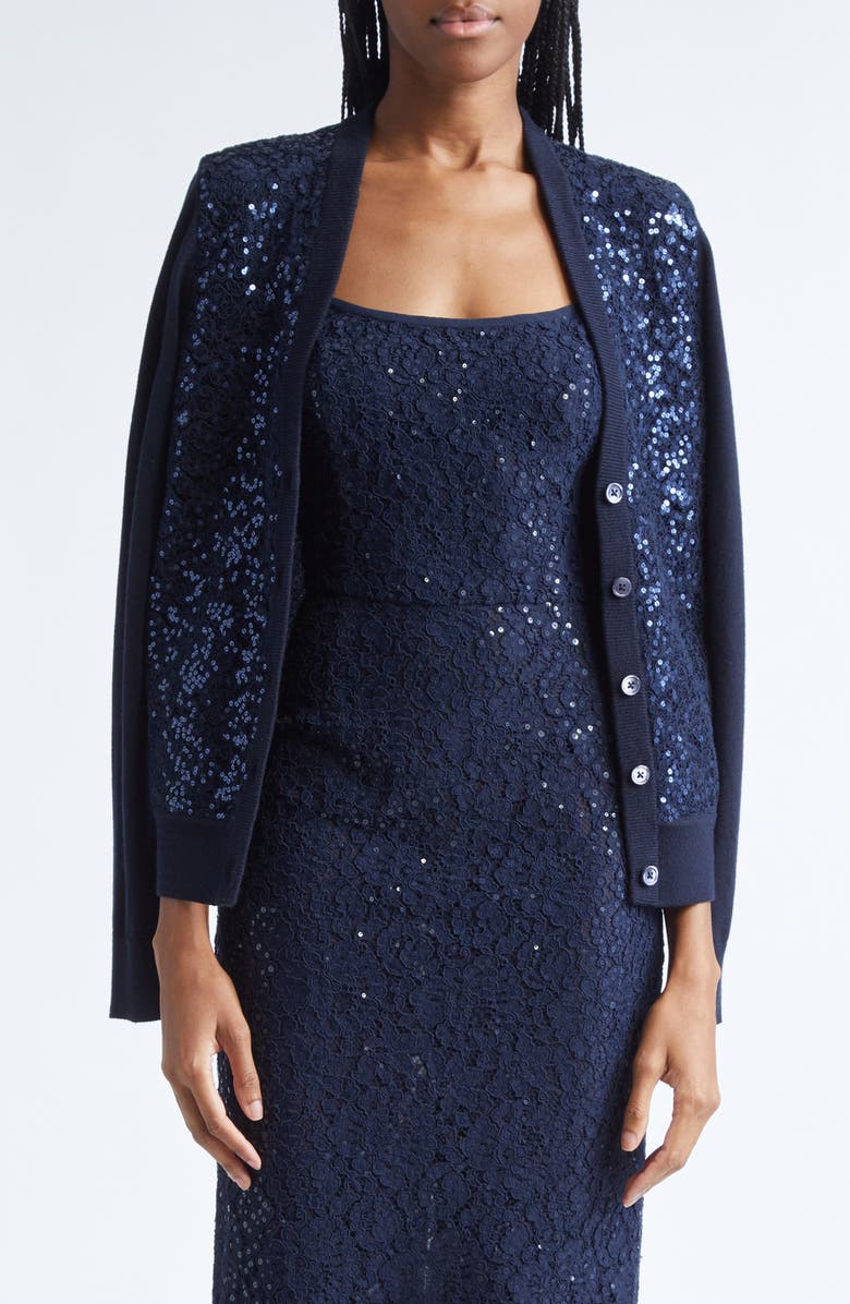 Michael Kors Collection Sequin Embellished Floral Lace & Cashmere Cardigan, Main, color, Midnight