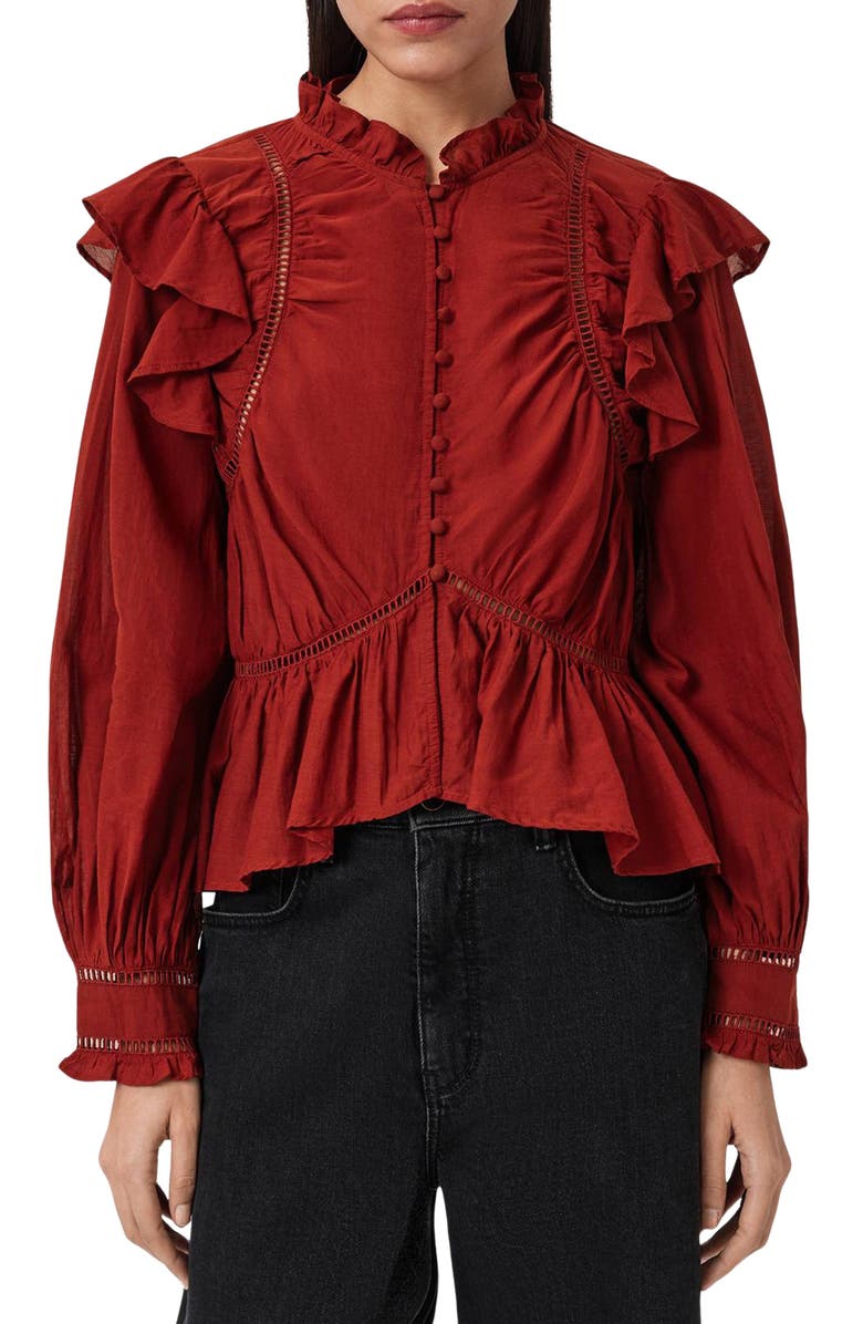 AllSaints Lima Ruffle Peplum Top, Main, color, Paprika Red