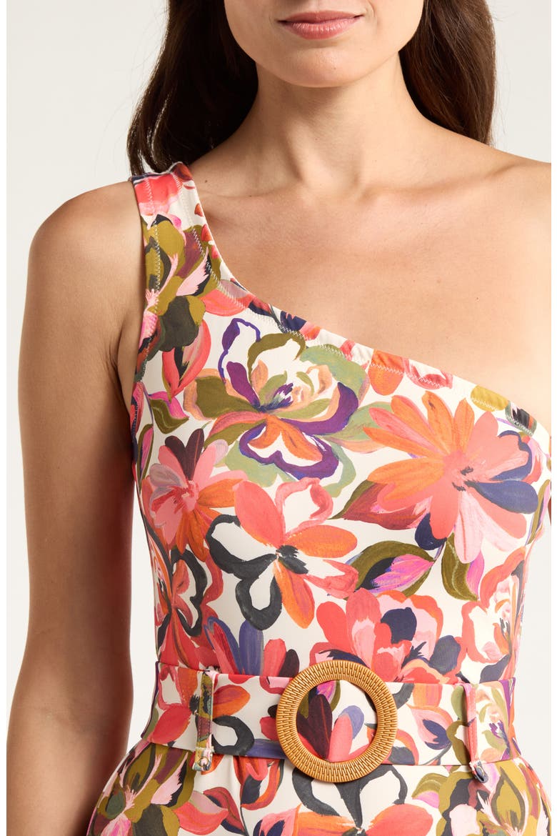 One-Shoulder O-Ring One-Piece Swimsuit, Alternate, color, CORAL PAINTED LUSH TROPICAL