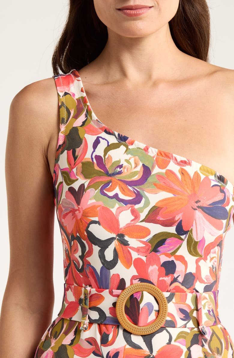 Hutch One-Shoulder O-Ring One-Piece Swimsuit, Alternate, color, Coral Painted Lush Tropical