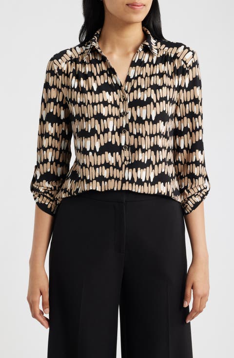 Print Three-Quarter Sleeve Button-Down Shirt