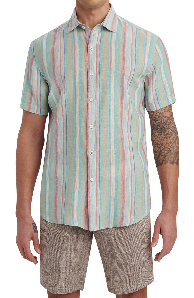Bugatchi Orson Shaped Fit Stripe Short Sleeve Linen Button-Up Shirt, Main, color, Seafoam