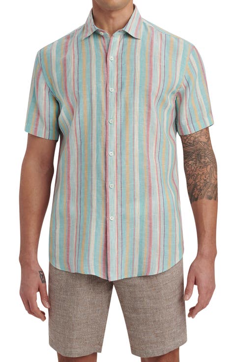 Orson Shaped Fit Stripe Short Sleeve Linen Button-Up Shirt