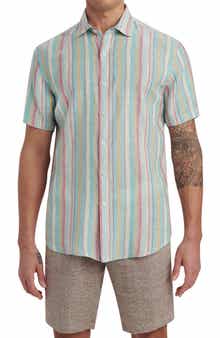 Bugatchi Orson Shaped Fit Stripe Short Sleeve Linen Button-Up Shirt