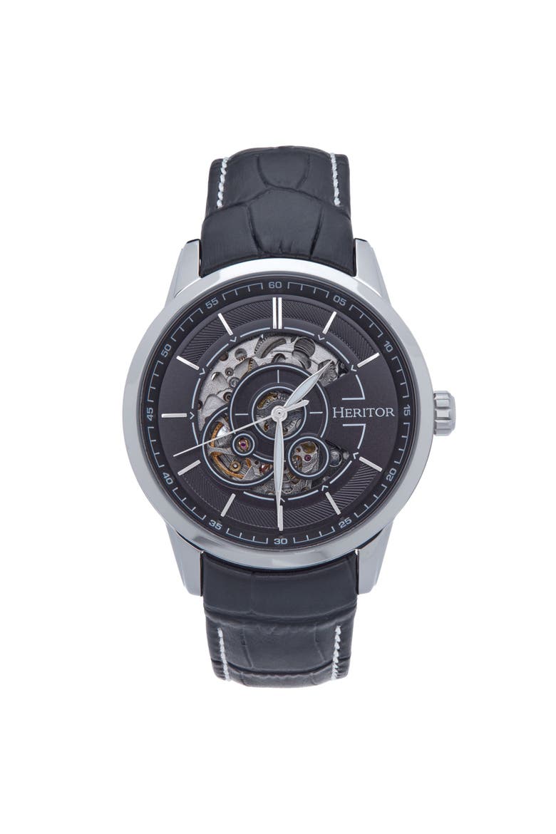 Davies Semi-Skeleton Leather-Band Watch, Main, color, Silver/Black