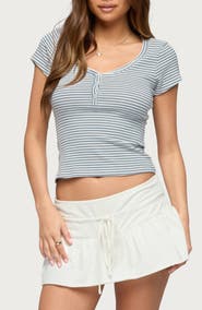 EDIKTED Kady Stripe Short Sleeve Henley Top