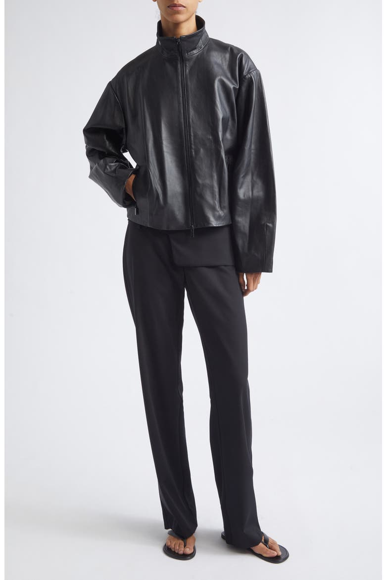 Cocoon Zip Leather Jacket, Alternate, color, BLACK