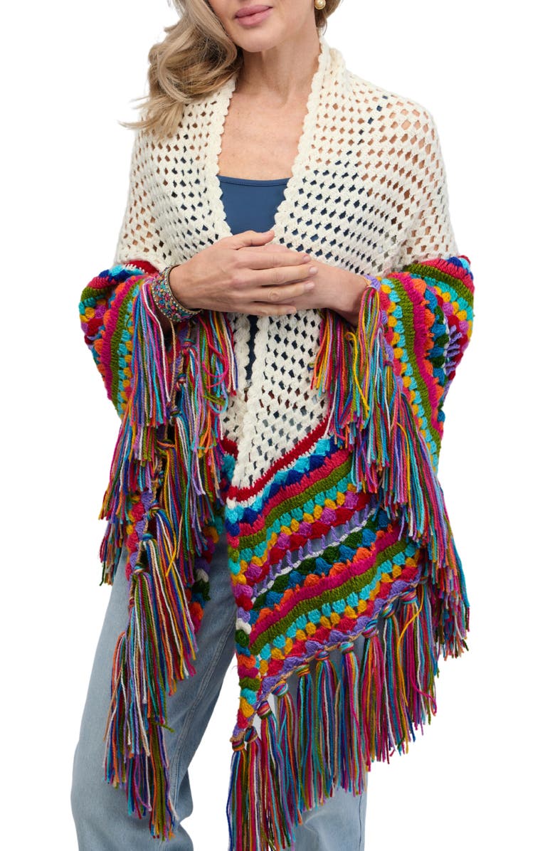 SAACHI Crochet Rainbow Fringe Shawl, Main, color,