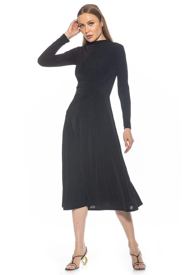 Marla Long Sleeve Draped Midi Dress, Alternate, color, BLACK