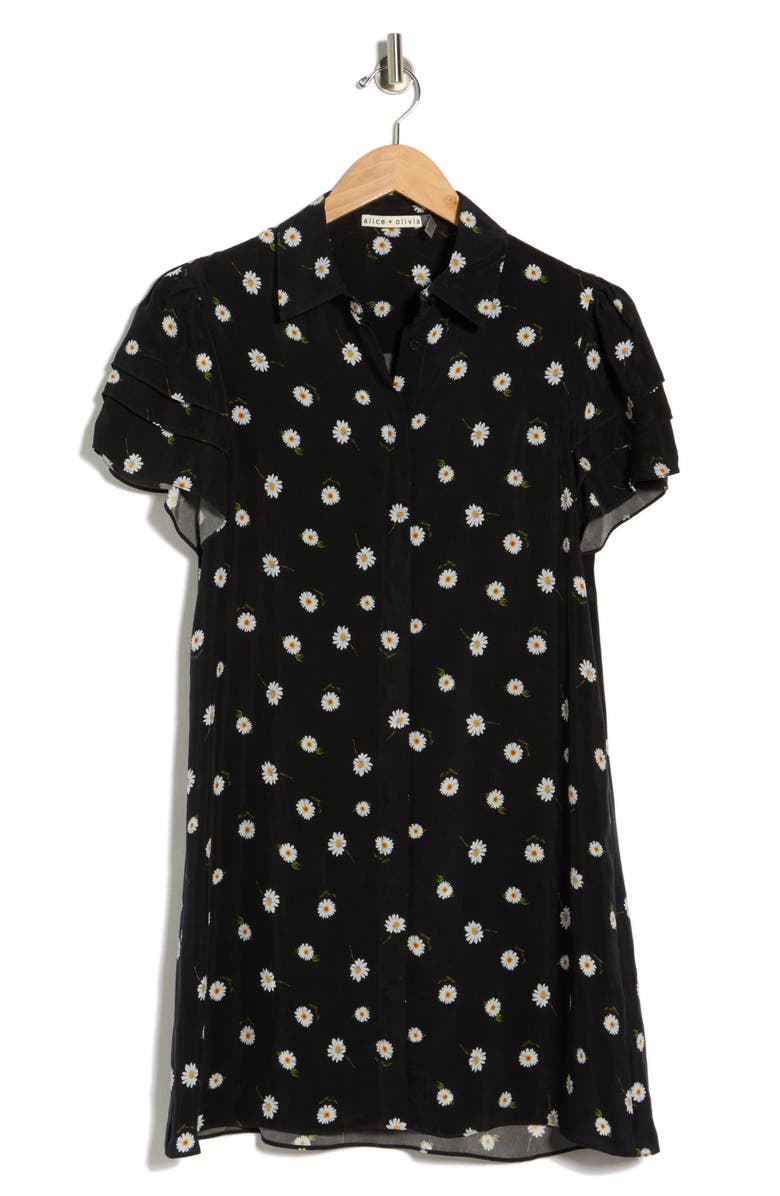 Alice + Olivia Jen Short Sleeve Shirt Dress, Main, color, Tossed Daisy Black