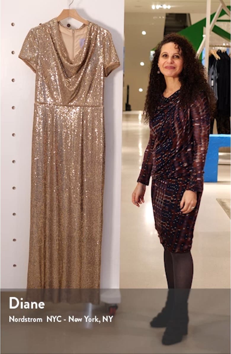 Sequin Cowl Neck Column Gown, sales video thumbnail