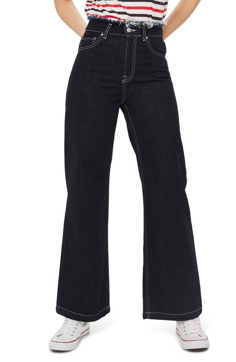 Topshop Frayed Waist Wide Leg Jeans, Main, color,
