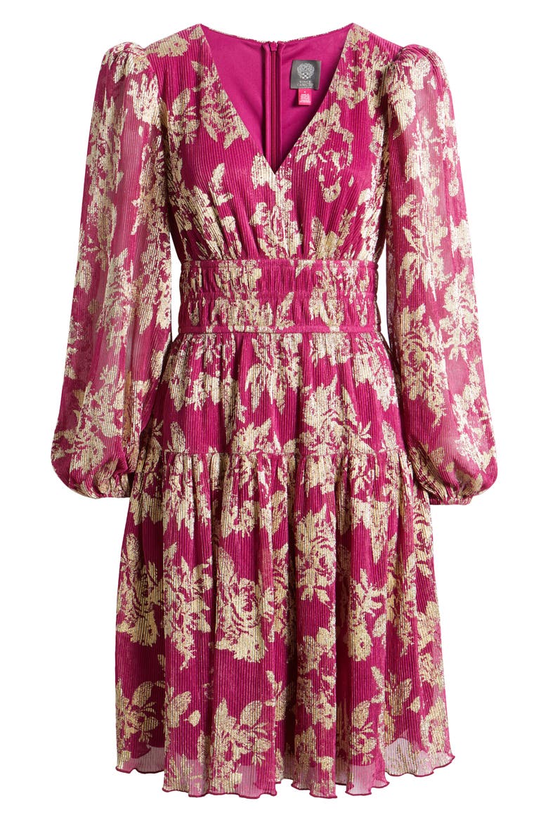 Metallic Floral Long Sleeve Fit & Flare Dress, Alternate, color, MAGENTA