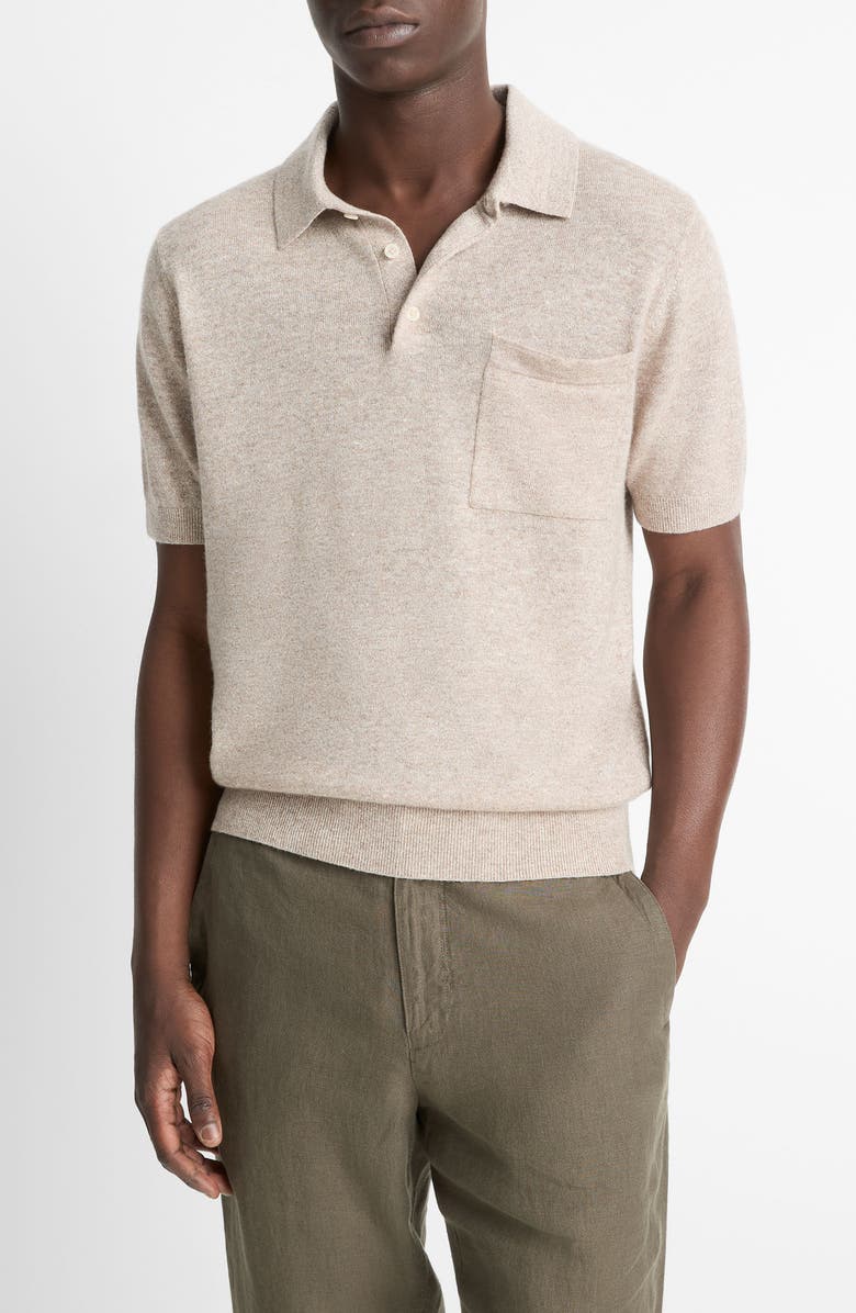 Vince Short Sleeve Linen & Wool Blend Pocket Polo Sweater, Main, color, Shroom