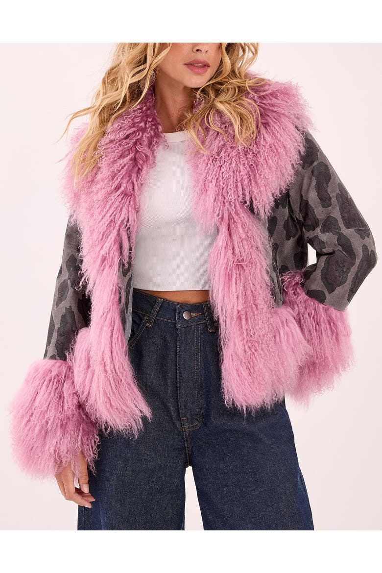 Printed Shearling Leather Jacket, Alternate, color, Charcoal