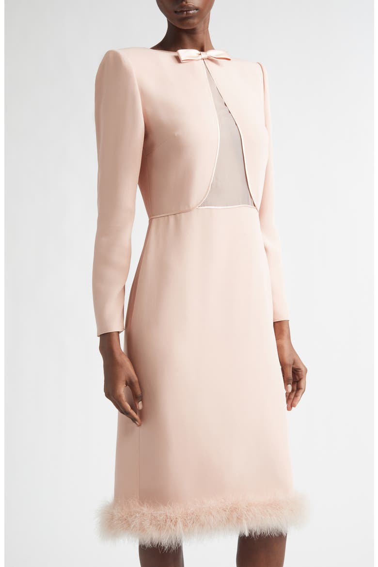 Feather Trim Long Sleeve Silk Cady Couture Dress, Alternate, color, ROSE