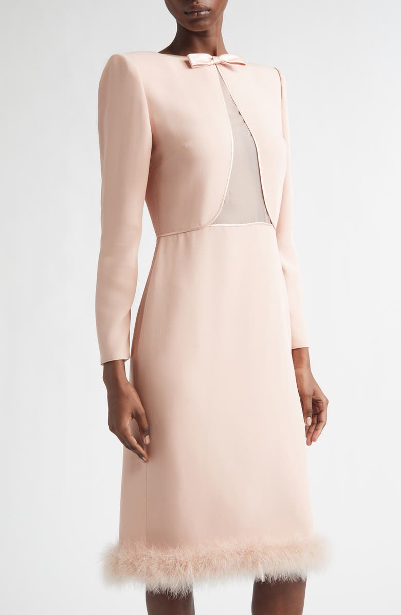 Valentino Feather Trim Long Sleeve Silk Cady Couture Dress, Alternate, color, Rose