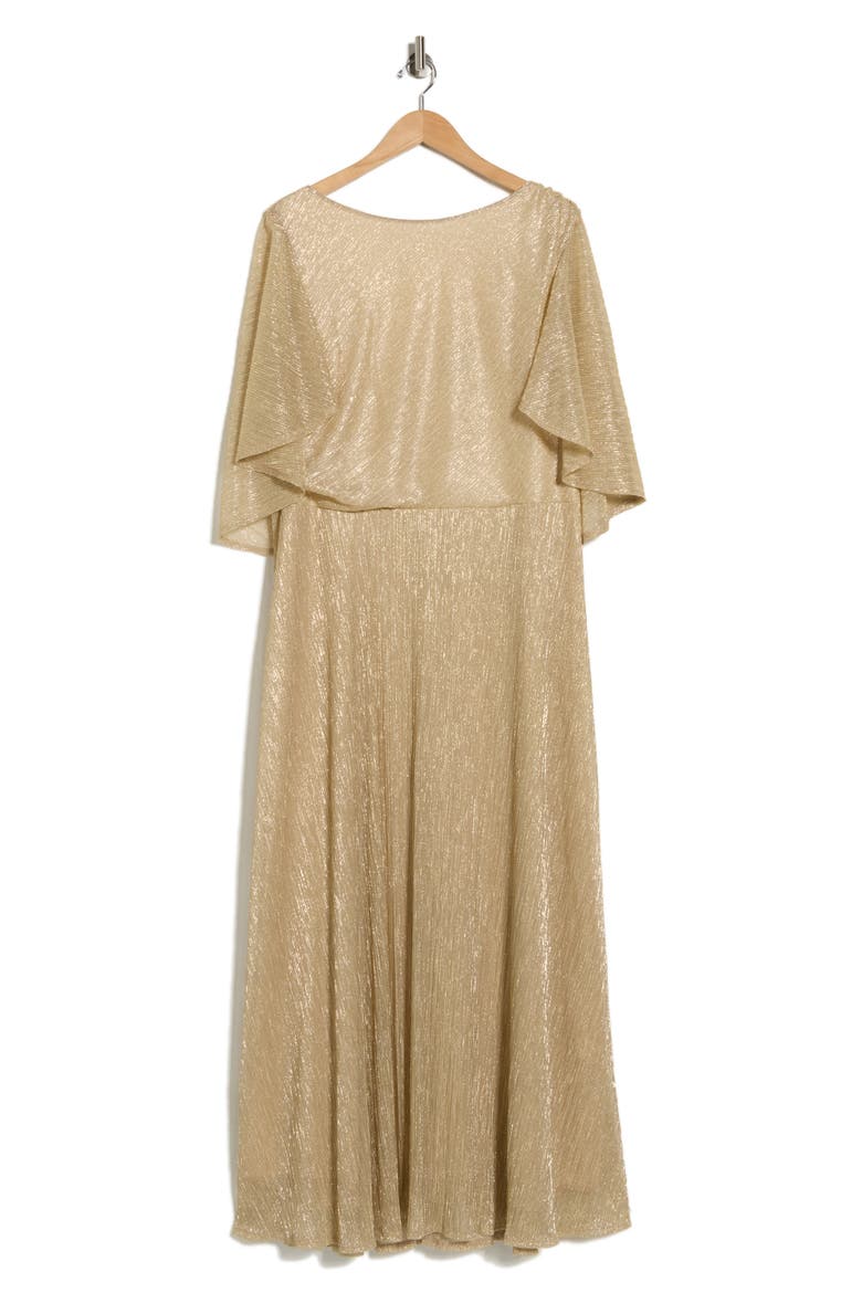 Capelet Metallic Pleated Gown, Alternate, color, GOLD