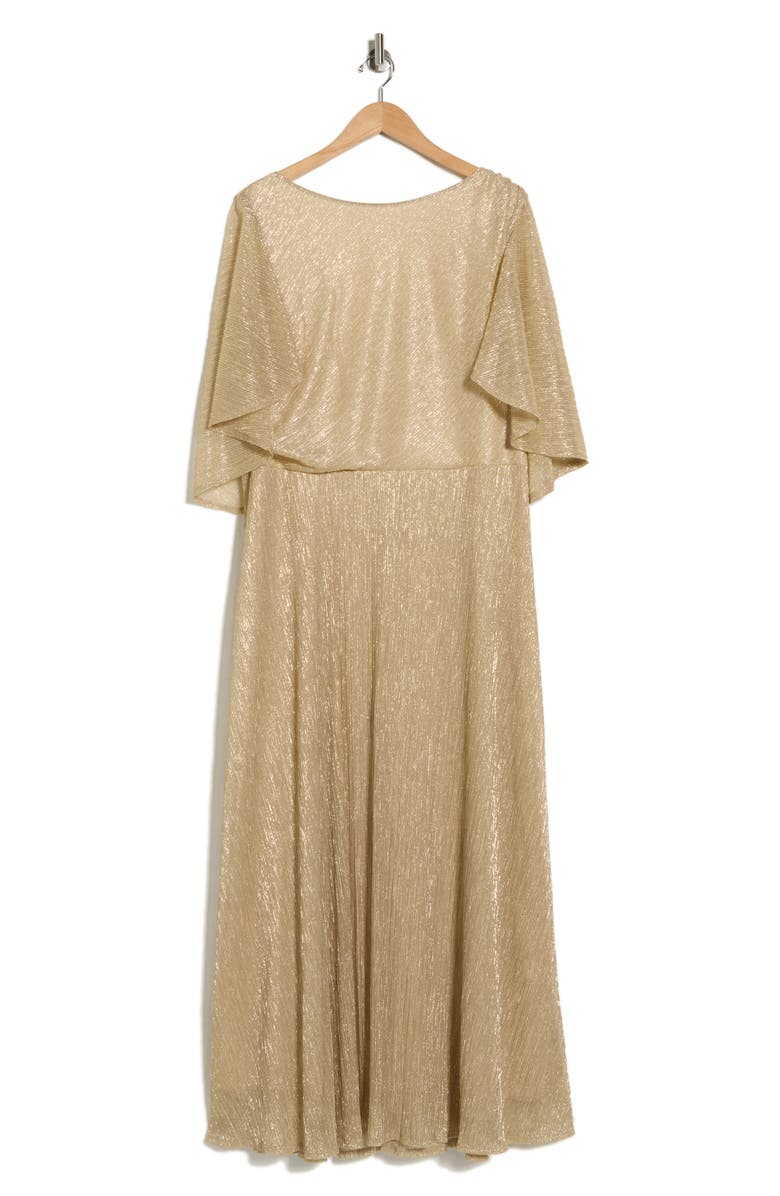 Oleg Cassini Capelet Metallic Pleated Gown, Alternate, color, Gold