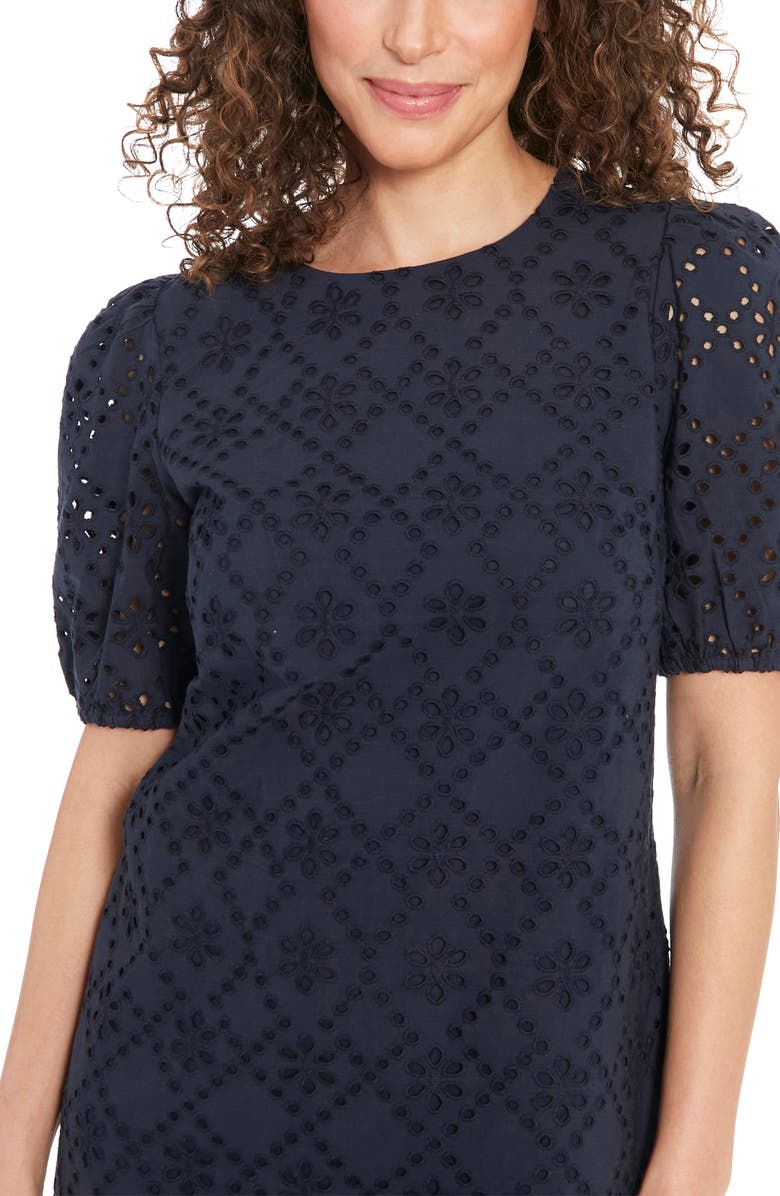 London Times Embroidered Eyelet Shift Dress, Alternate, color, Navy