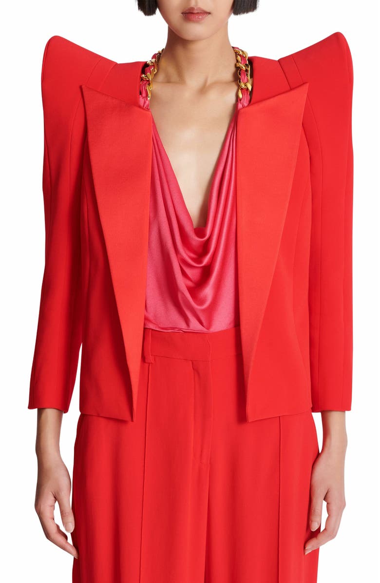 Balmain Cropped Crepe Jacket With Structured Shoulders, Alternate, color, Red