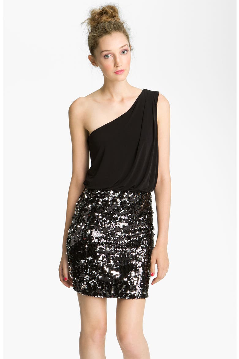 Sequin Skirt One Shoulder Dress, Main, color, BLACK/ SILVER