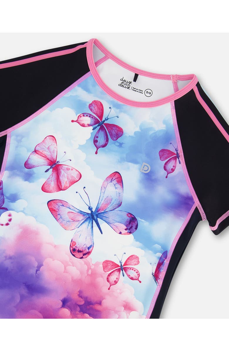 Deux par Deux Girl's Printed Short Sleeve Athletic Top Pink, Black And Butterfly, Alternate, color, Pink, Black And Butterfly