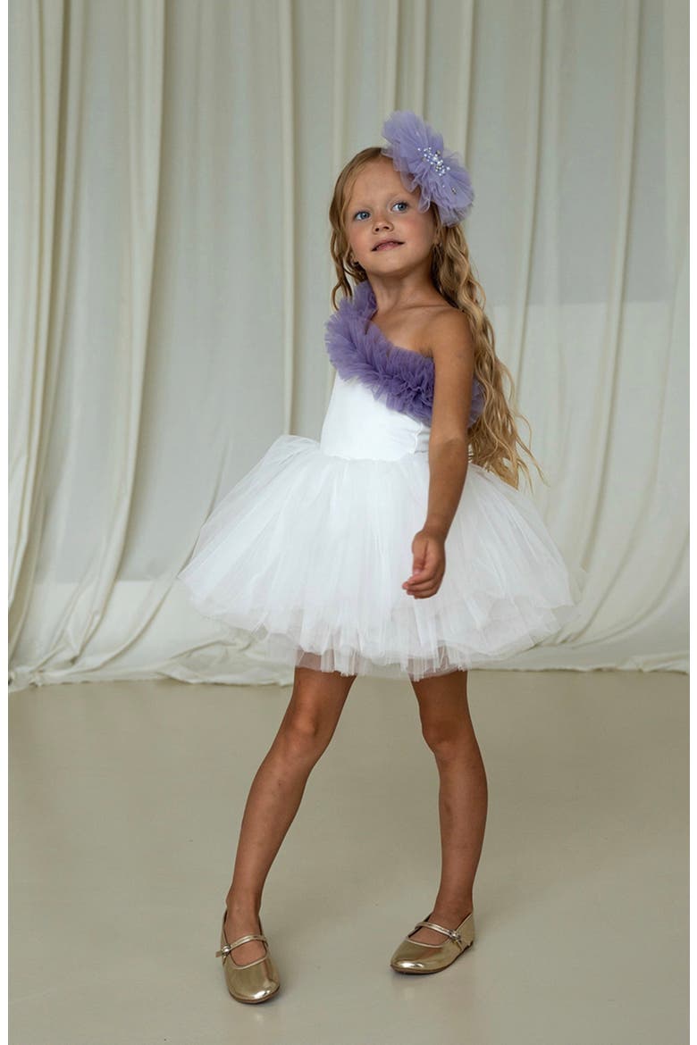 Fiona One Shoulder Ruffle Tulle Dress, Main, color, White Lily Lilac Ruffle