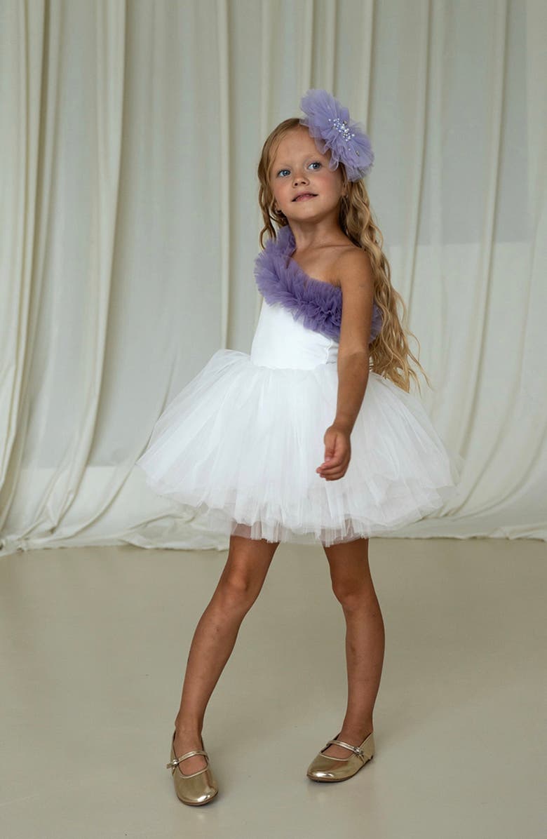 Mini Celebrities Fiona One Shoulder Ruffle Tulle Dress, Main, color, White Lily Lilac Ruffle