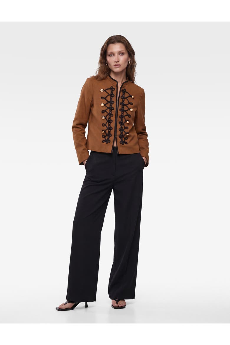 Linen Blend Mandarin Collar Napoleon Jacket with Decorative Braided Trim, Main, color, BROWN