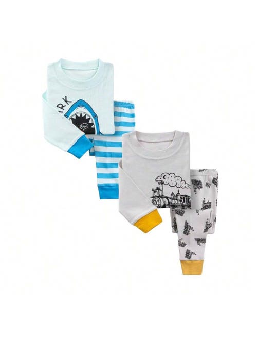 Shop Benben 2 Pack Boys' Shortsleeve Pajamas In Trains/sharks