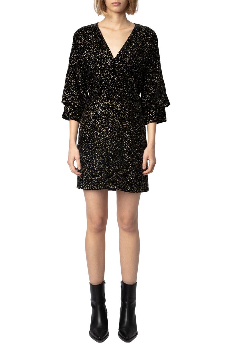 Zadig & Voltaire Rosli Glitter Dots Elbow Sleeve Tie Waist Dress, Main, color, 