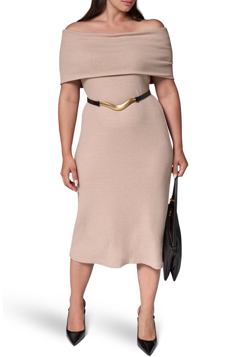 Off the Shoulder Belted Knit Dress, Alternate, color, CAMEL