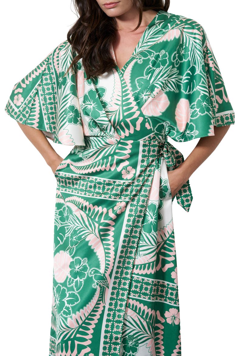 Cloudine Tropical Print Maxi Wrap Dress, Alternate, color, GREEN/ ORANGE
