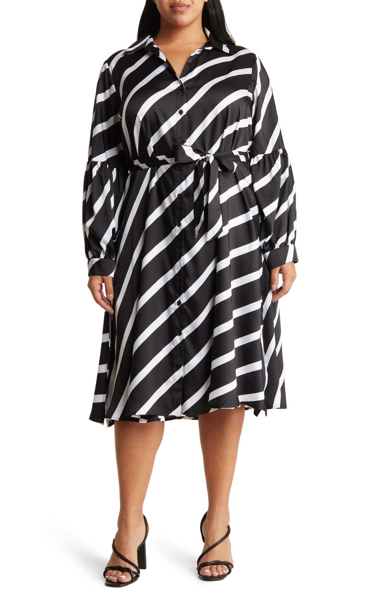 BY DESIGN Castaway Stripe Long Sleeve Shirtdress, Main, color, Black And White Combo