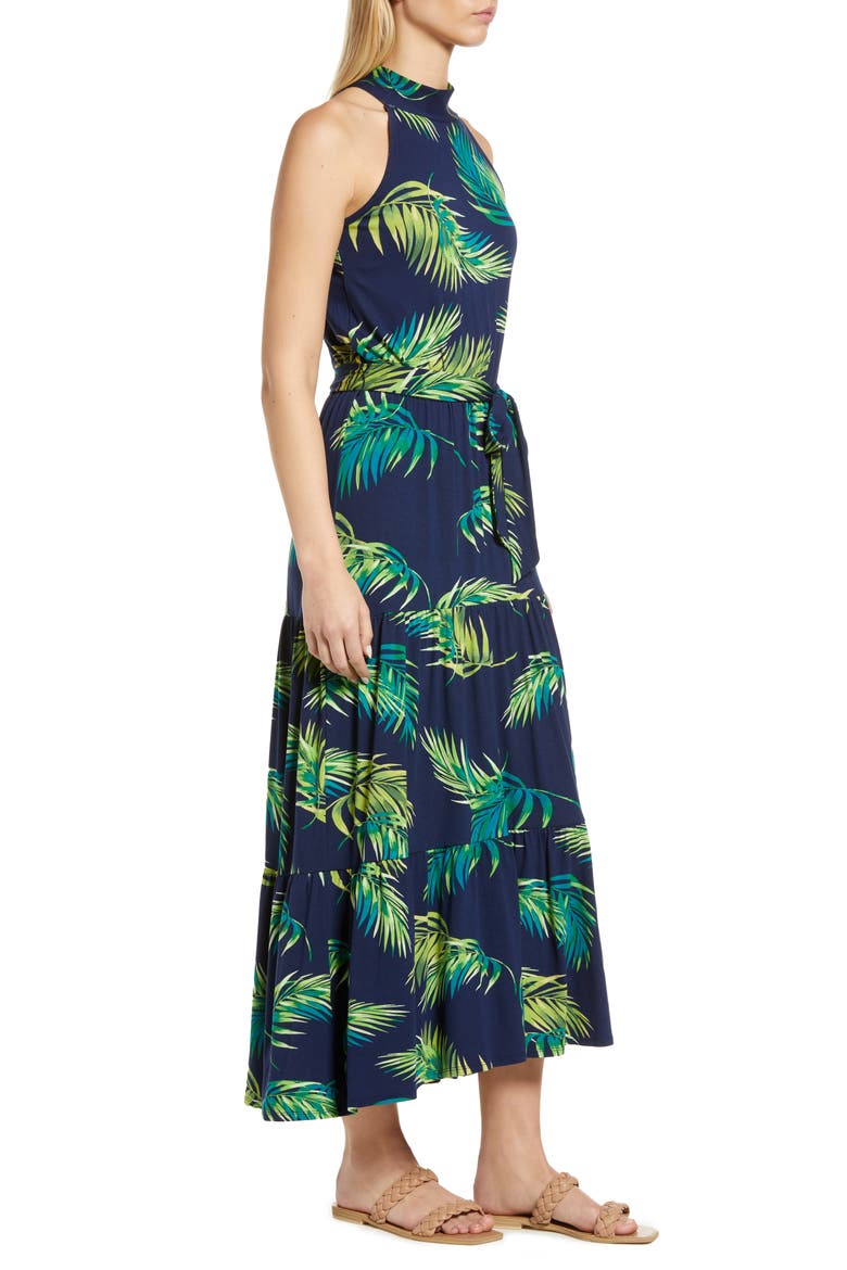 Palm Print Halter Neck Knit Maxi Dress, Alternate, color, NAVY PALM