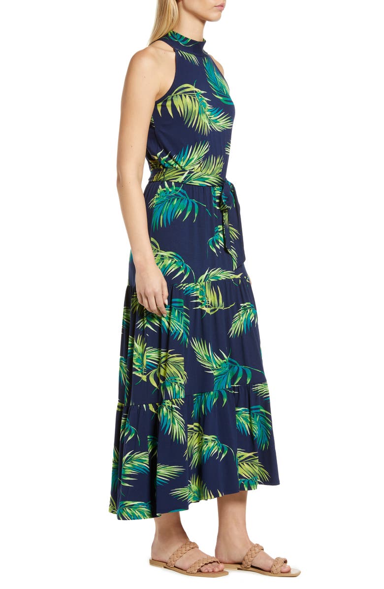 Loveappella Palm Print Halter Neck Knit Maxi Dress, Alternate, color, Navy Palm