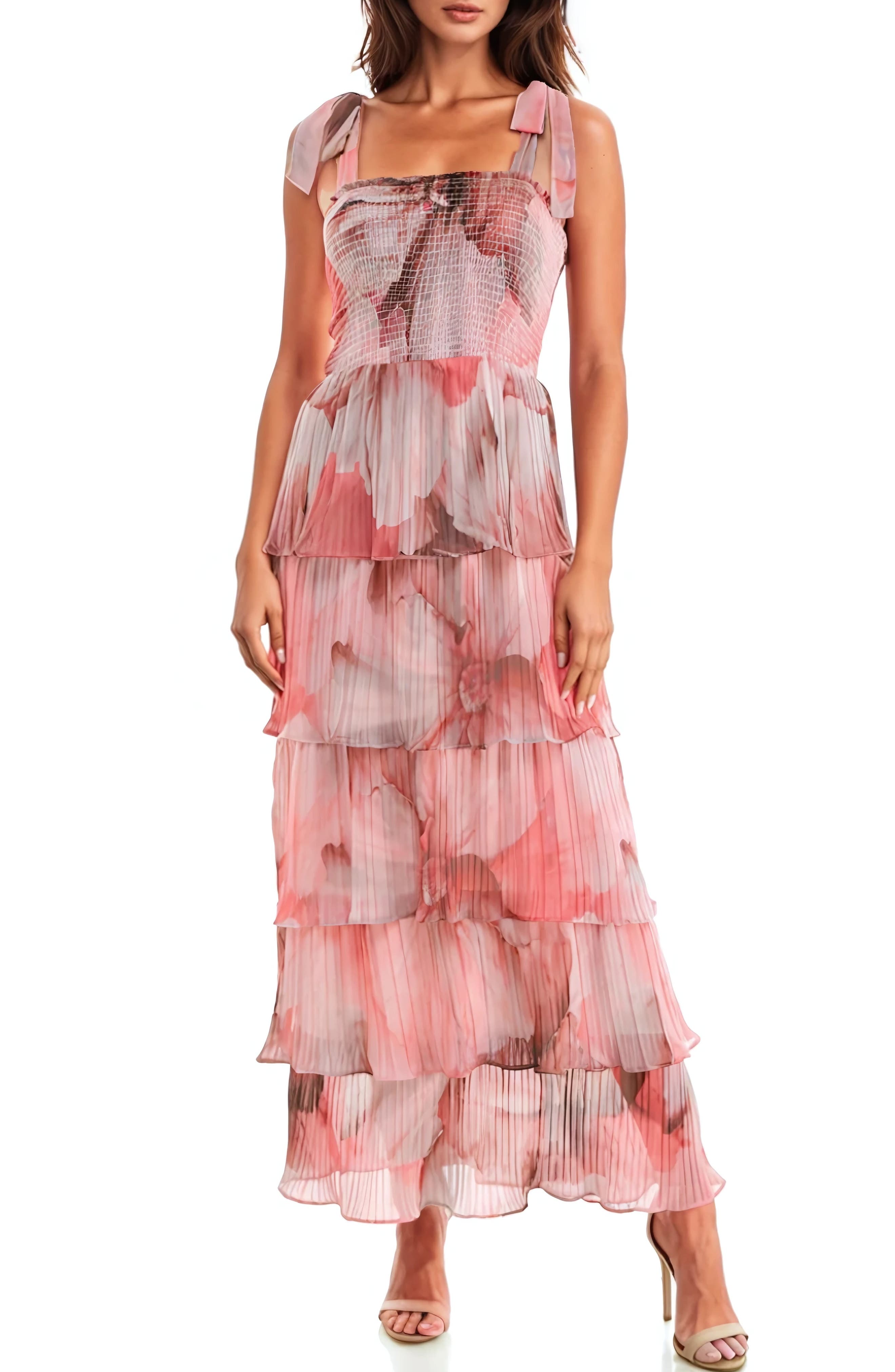 Socialite Floral Print Pleated Tier Maxi Dress