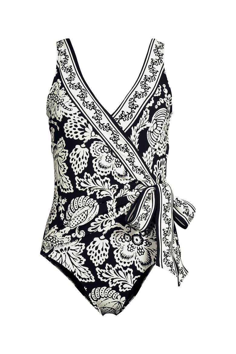 Chlorine Resistant Side Tie Wrap High Leg One Piece Swimsuit, Alternate, color, Floral Medley/Black Border