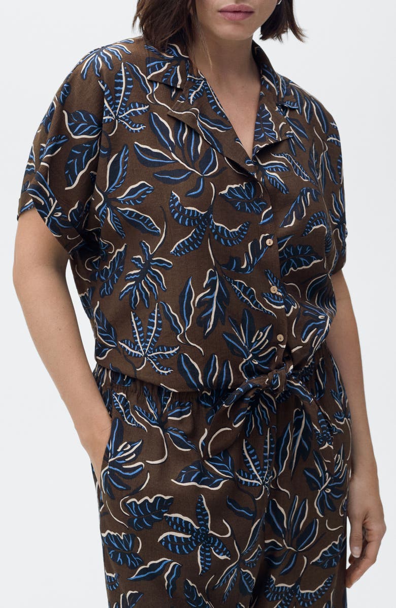 MANGO Print Tie Hem Crop Shirt, Alternate, color, Brown