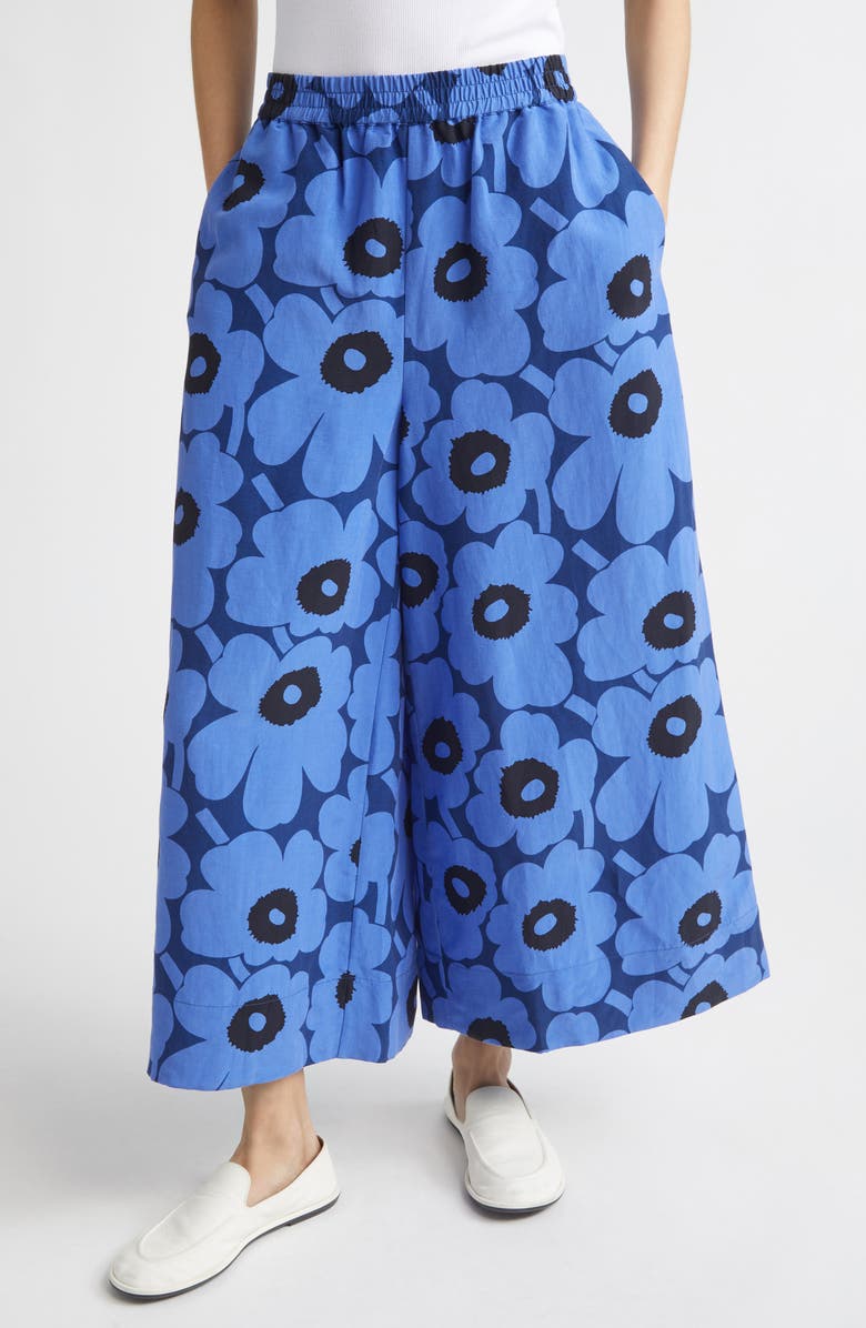 Marimekko Kuvio Unikko Crop Wide Leg Pants, Main, color, Blue Black