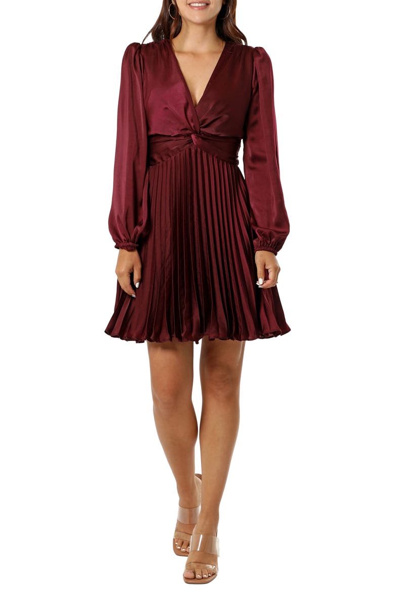 Adelyn Rae Pleated Long Sleeve Minidress, Main, color, Wine