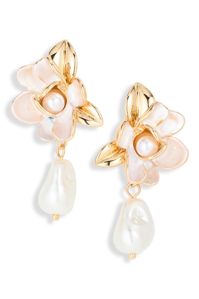 Floral Faux Pearl Drop Earrings, Main, color, WHITE- GOLD