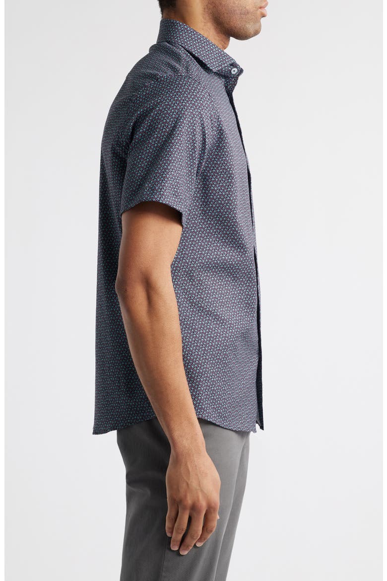 Artisanal Trim Fit Floral Geo Print Short Sleeve Cotton & Lyocell Button-Up Shirt, Alternate, color, DARK NAVY
