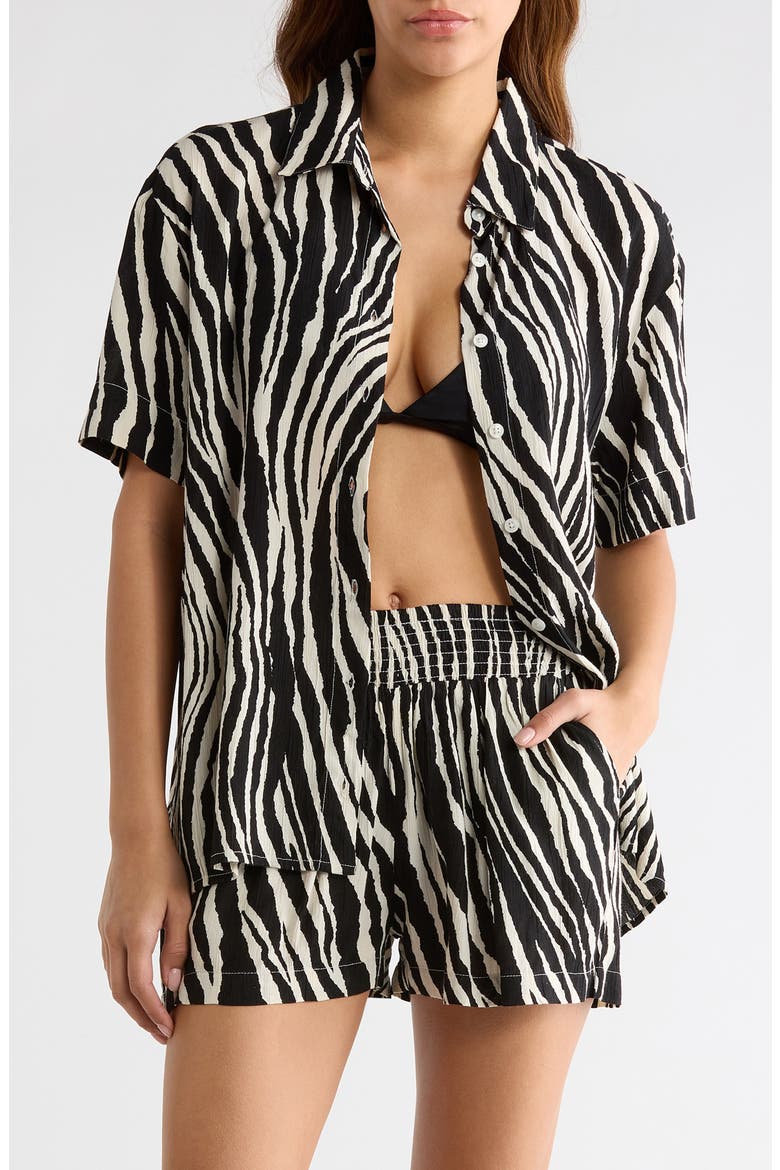 Short Sleeve Button-Up Cover-Up Shirt, Main, color, BLACK ZEBRA