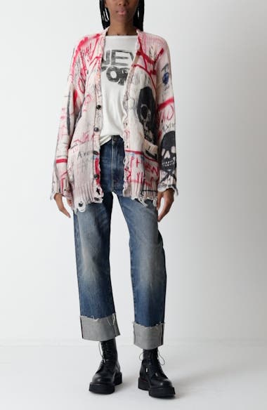 R13 Distressed Oversize Skull Graffiti Print Cardigan