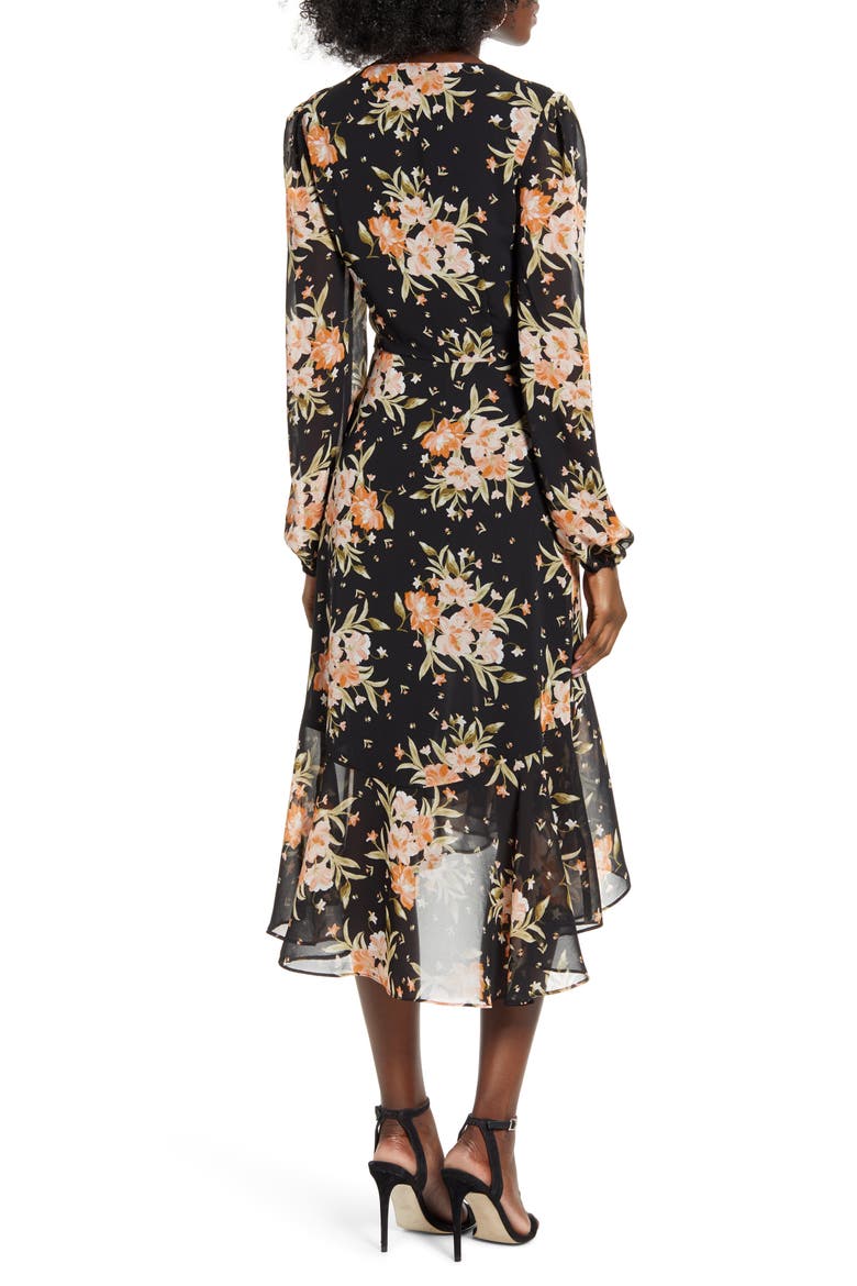 Button Front Midi Dress, Alternate, color, BLACK BLUSHING FLORAL