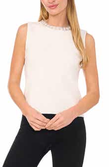 CeCe Embellished Imitation Pearl Sleeveless Sweater