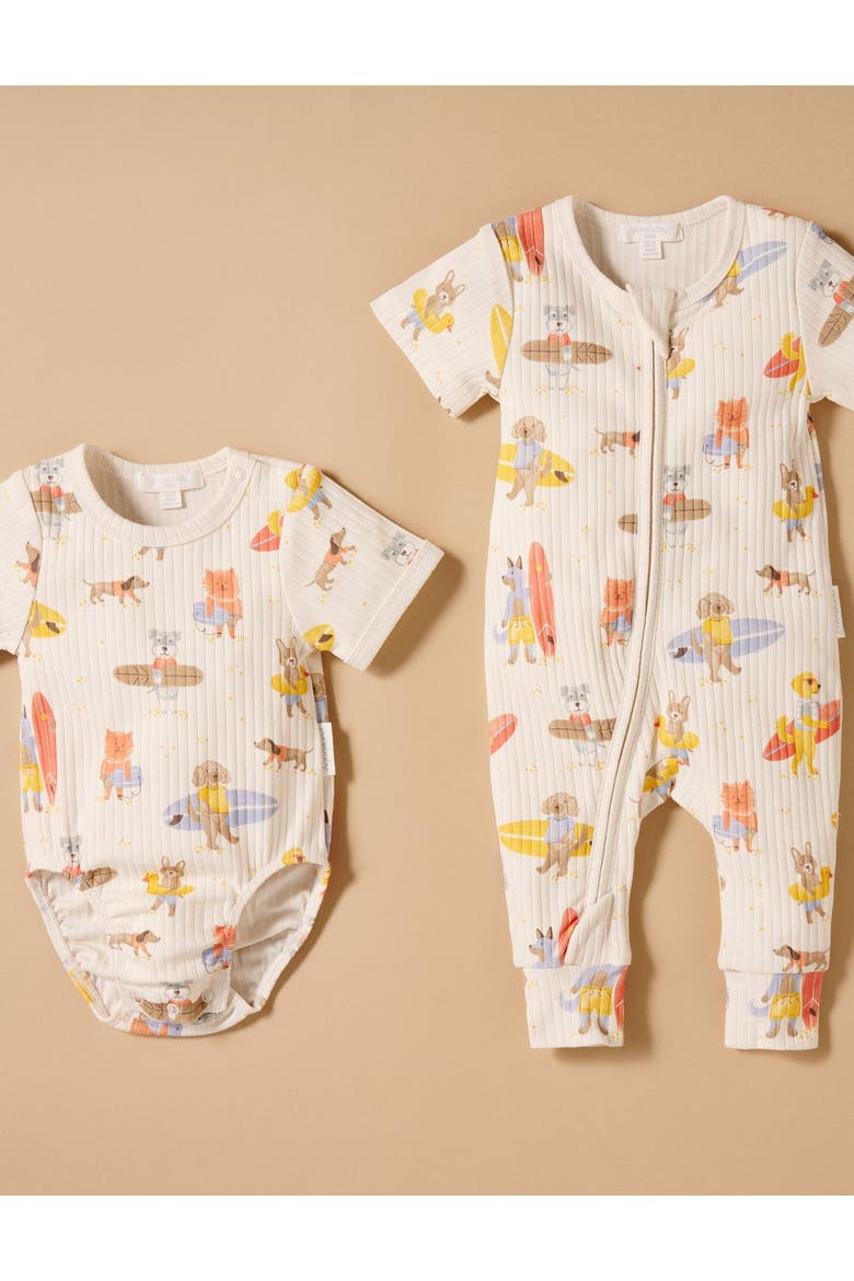 Rib Zip Short Sleeve Romper, Alternate, color, Little Surfing Dogs Print